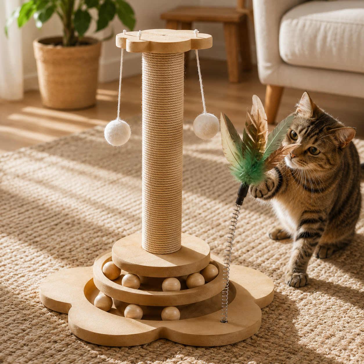 Cat Scratching Post Tower with Spinning Ball Track