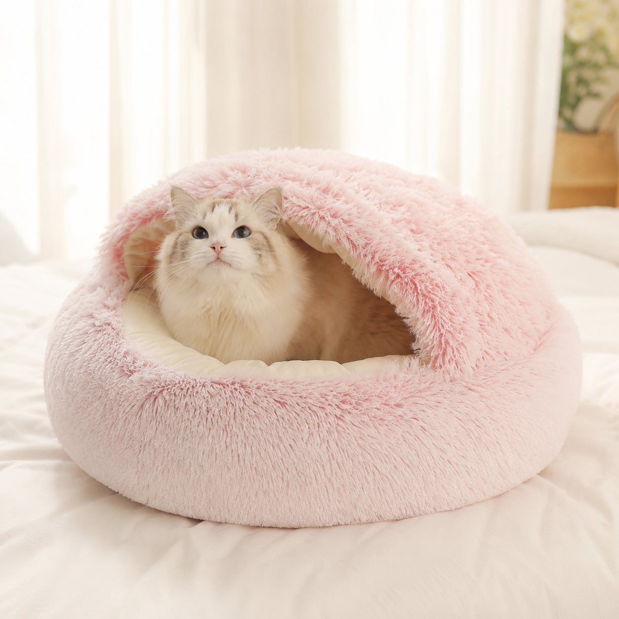 Soft Plush Cat Cave Bed | Cozy Covered Bed for Cats & Small Dogs