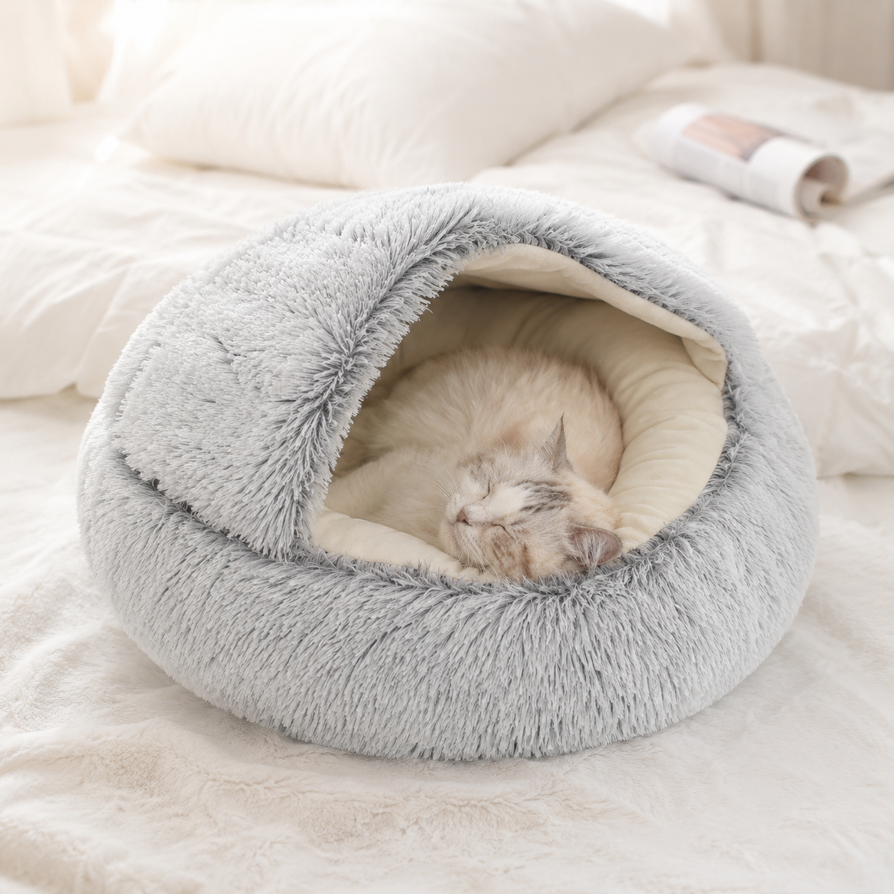 Soft Plush Cat Cave Bed | Cozy Covered Bed for Cats & Small Dogs