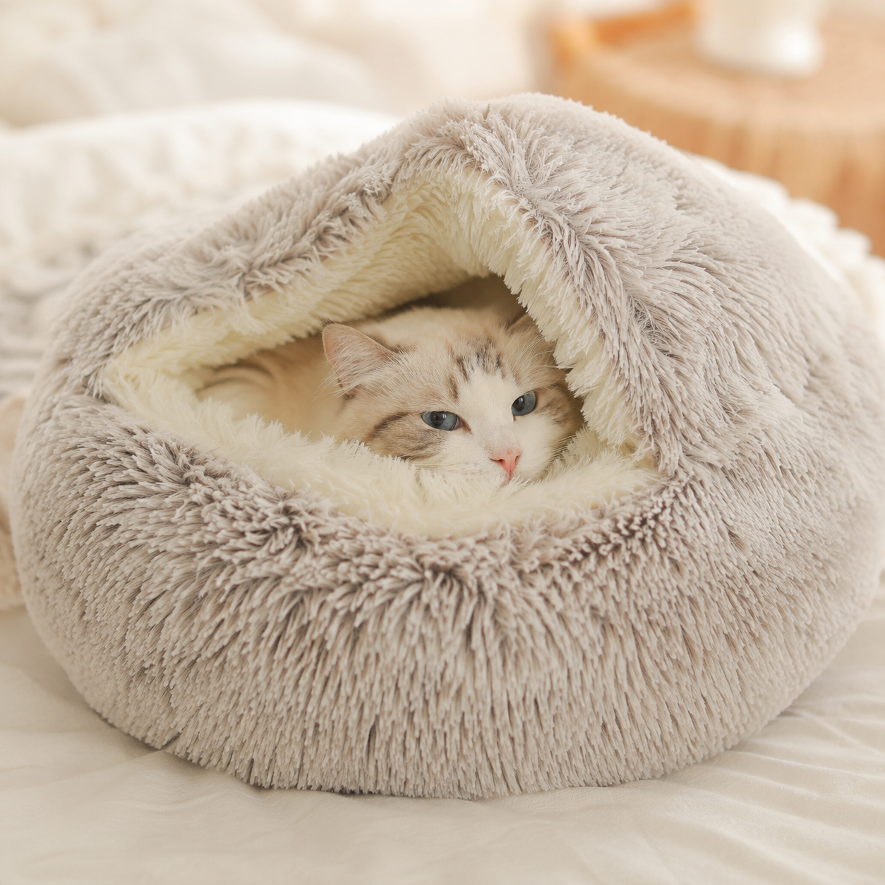 Soft Plush Cat Cave Bed | Cozy Covered Bed for Cats & Small Dogs