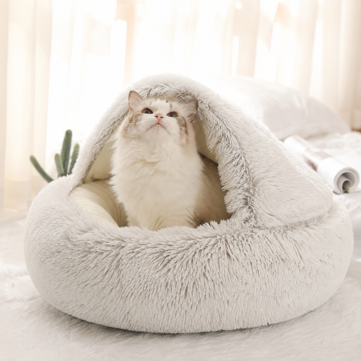 Soft Plush Cat Cave Bed | Cozy Covered Bed for Cats & Small Dogs