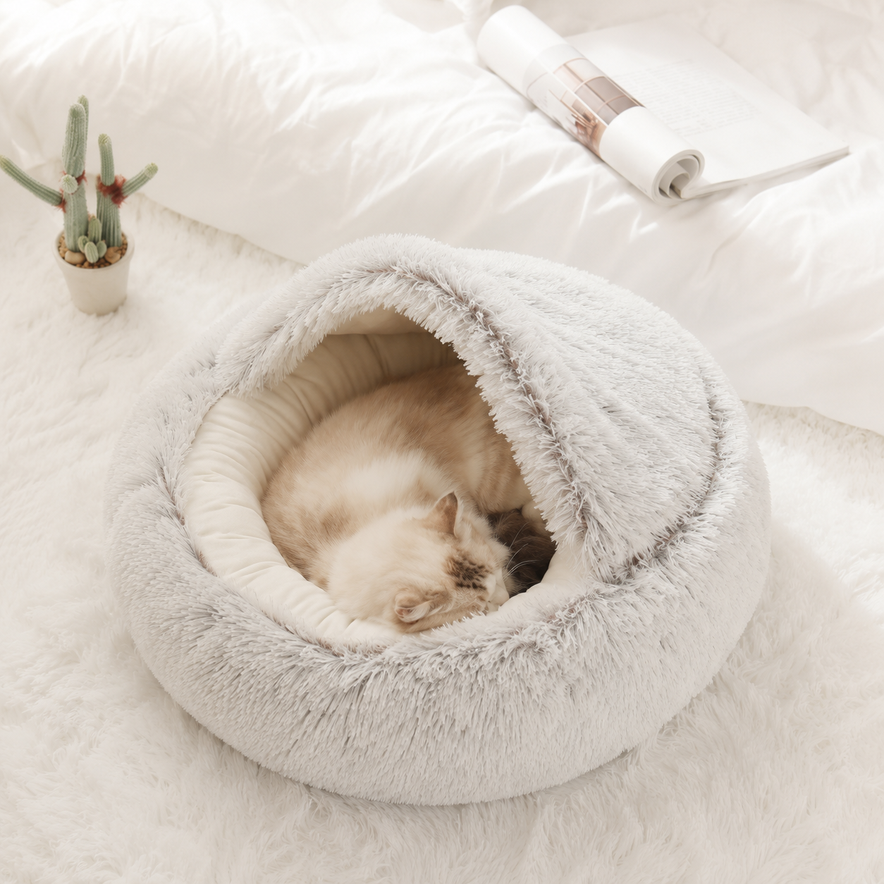 Soft Plush Cat Cave Bed | Cozy Covered Bed for Cats & Small Dogs