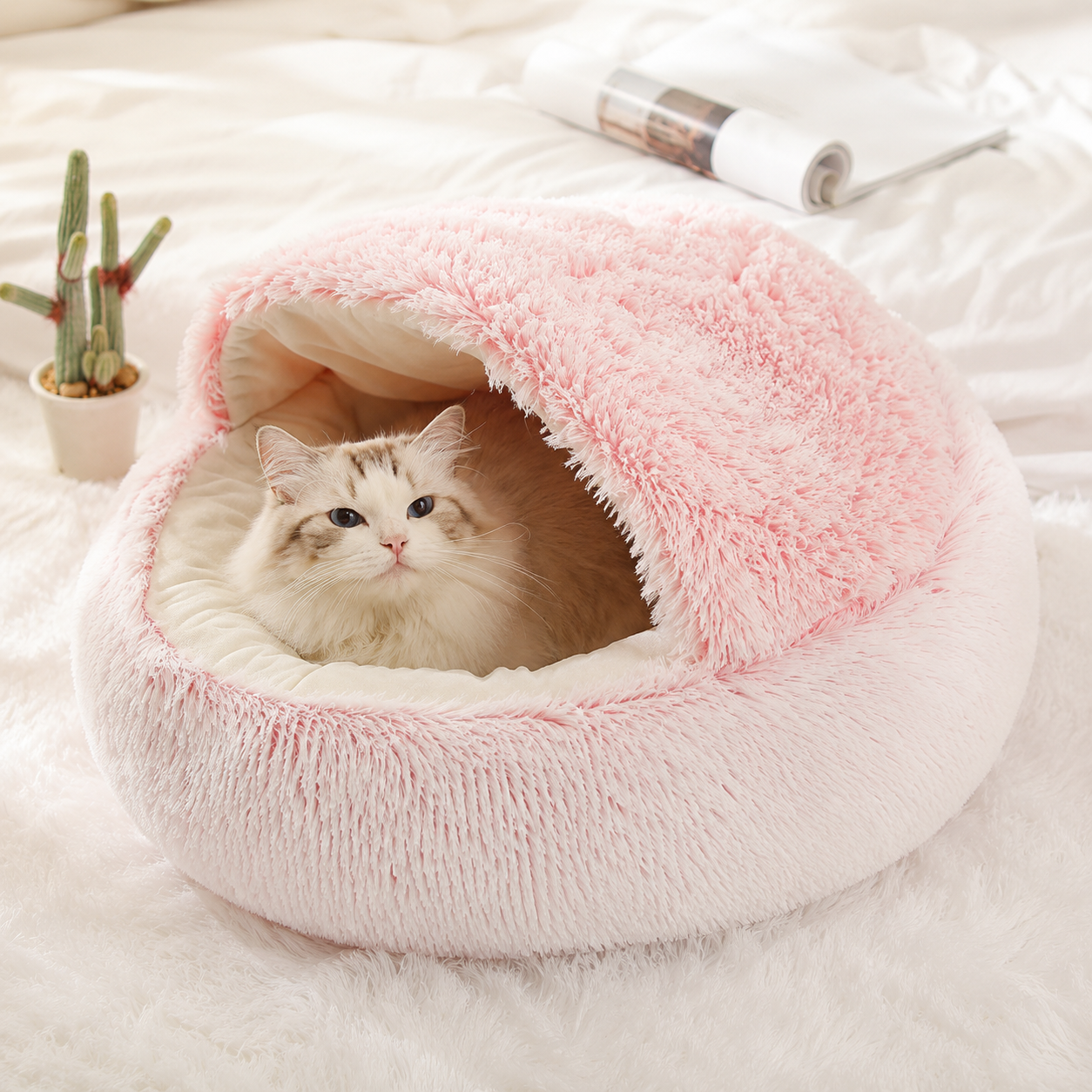 Soft Plush Cat Cave Bed | Cozy Covered Bed for Cats & Small Dogs