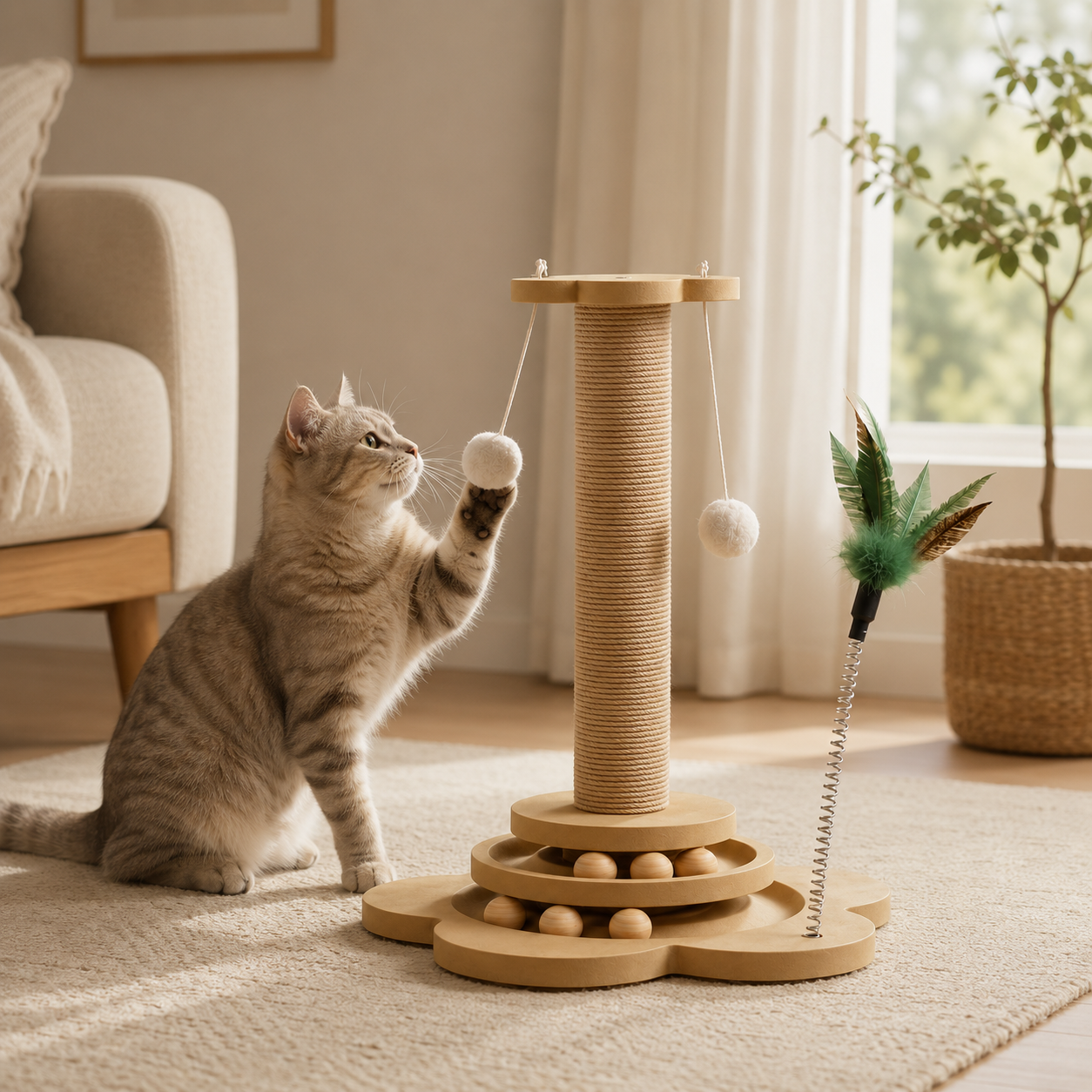 Cat Scratching Post Tower with Spinning Ball Track