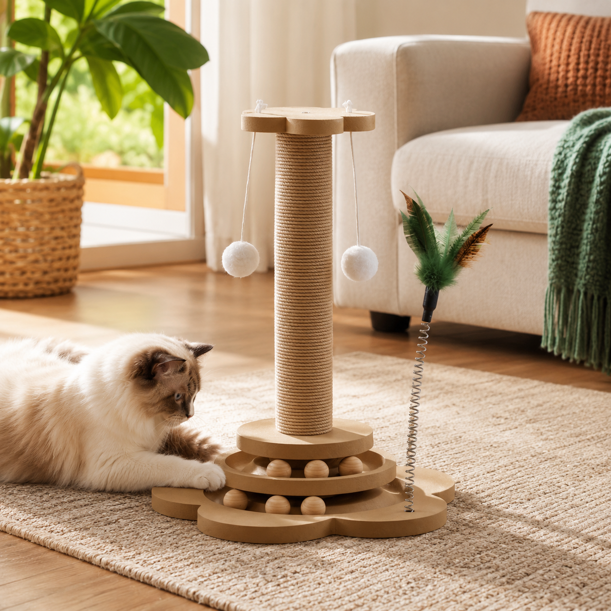 Cat Scratching Post Tower with Spinning Ball Track