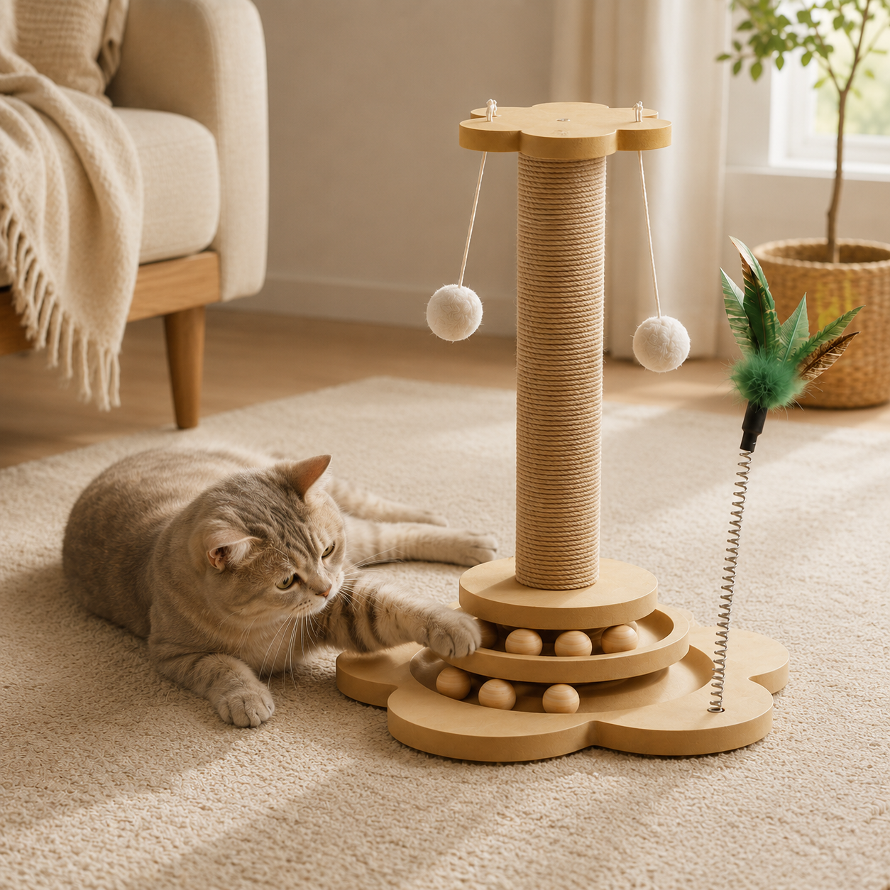 Cat Scratching Post Tower with Spinning Ball Track