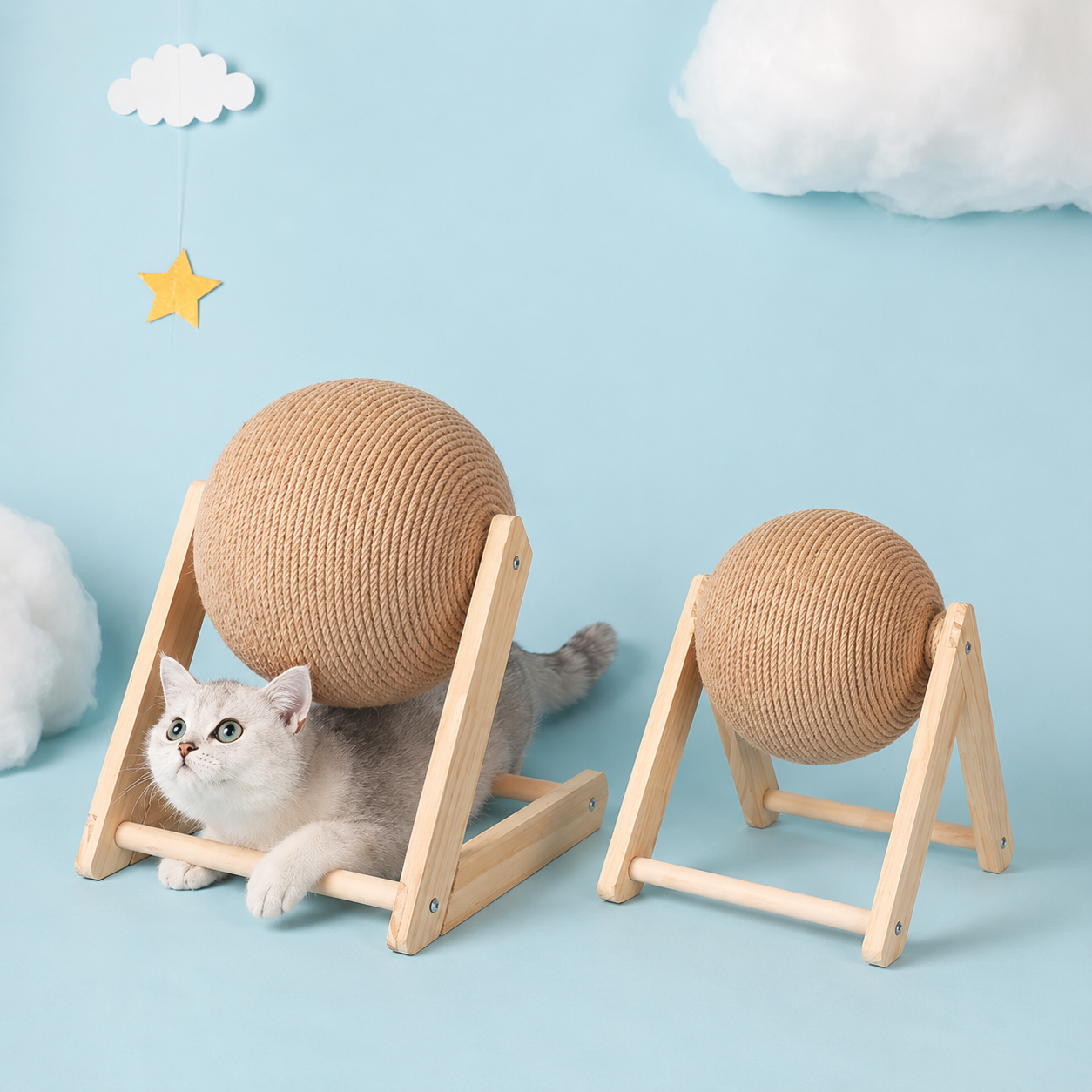 Cat Scratching Ball with Wooden Stand | Sisal Scratcher