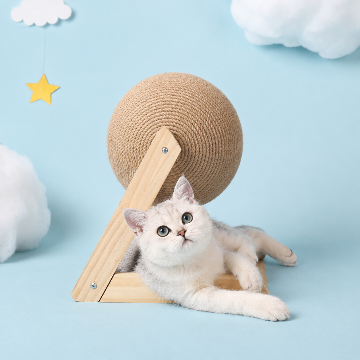 Cat Scratching Ball with Wooden Stand | Sisal Scratcher