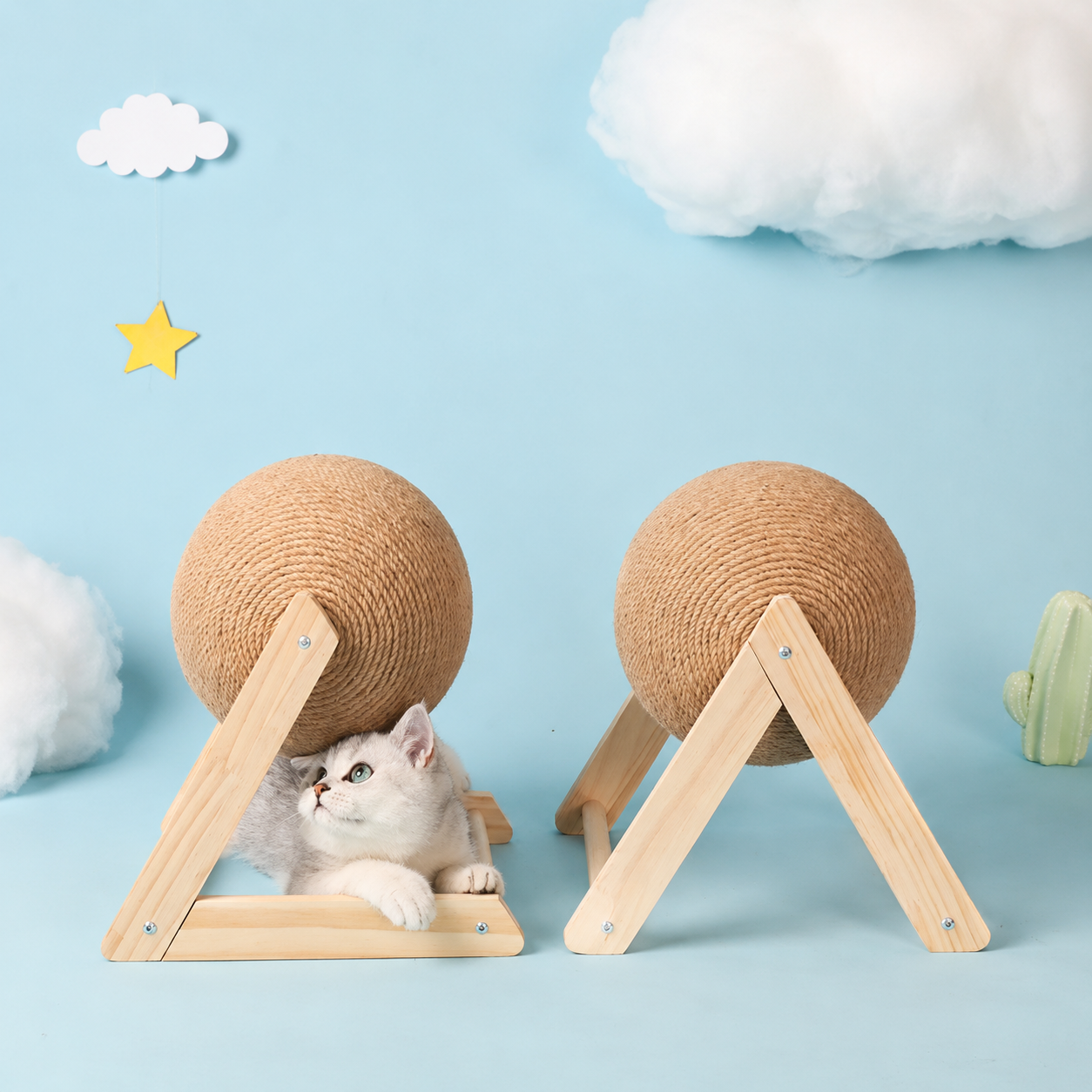 Cat Scratching Ball with Wooden Stand | Sisal Scratcher